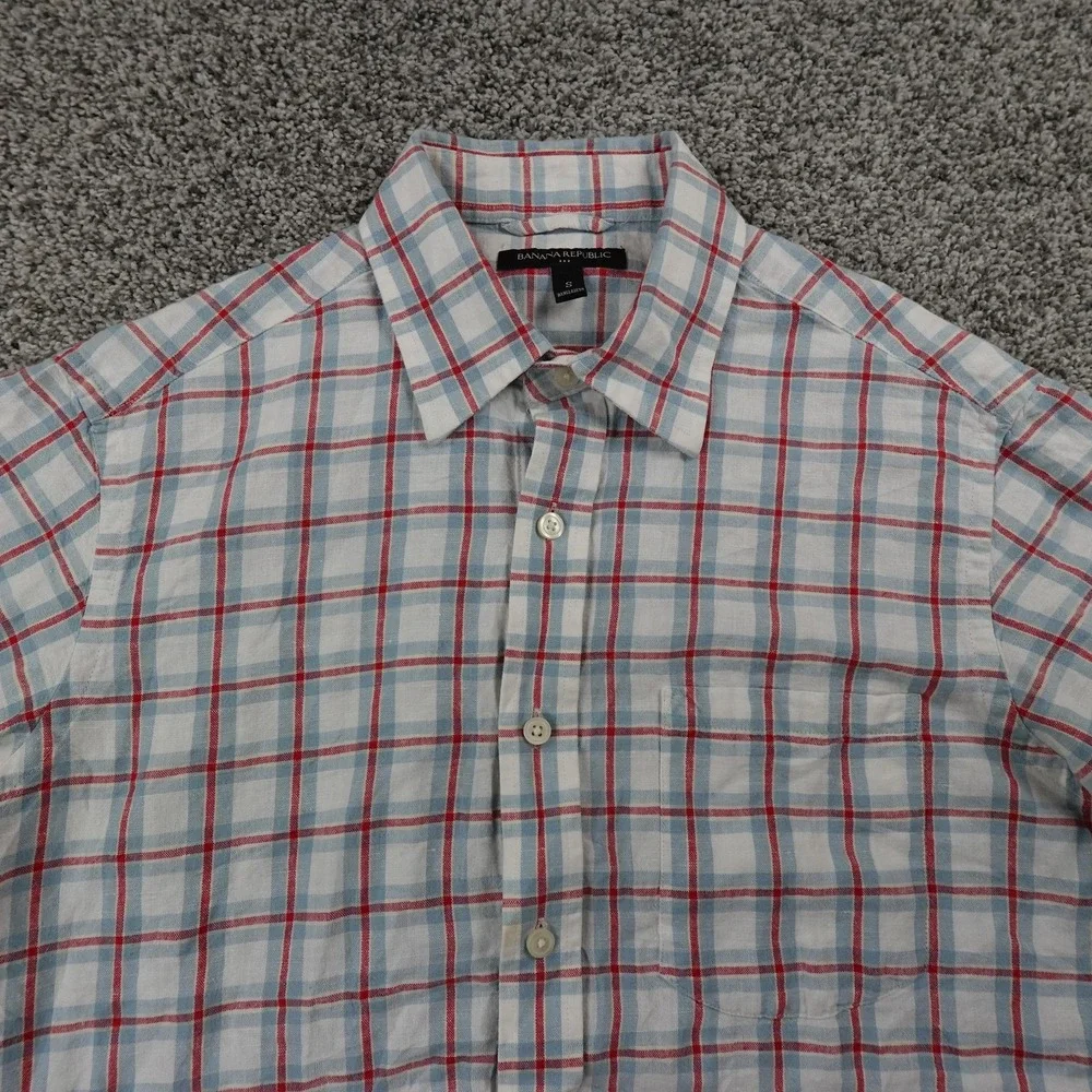 Banana Republic Shirt‎ Mens S White Plaid Linen Blend Short Sleeve Lightweight